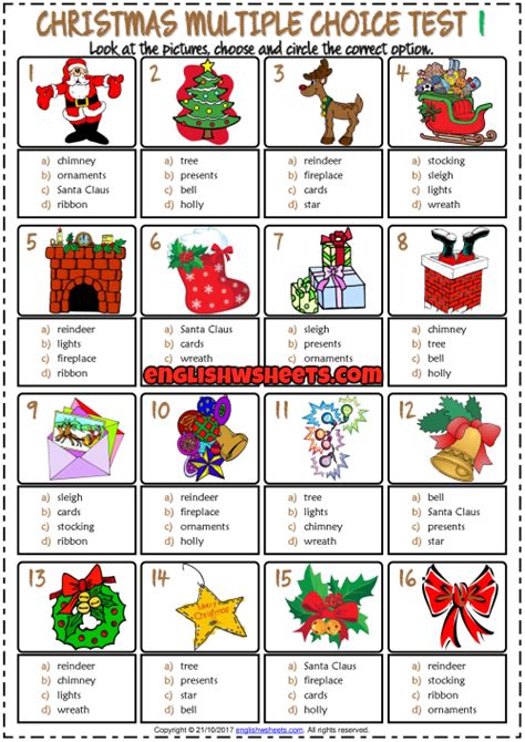 Christmas Esl Printable Multiple Choice Tests For Kids Esl Vocabulary
