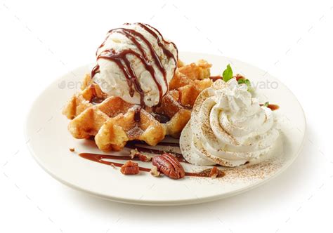 Belgian Waffle With Cream And Ice Cream Stock Photo By Magone Photodune