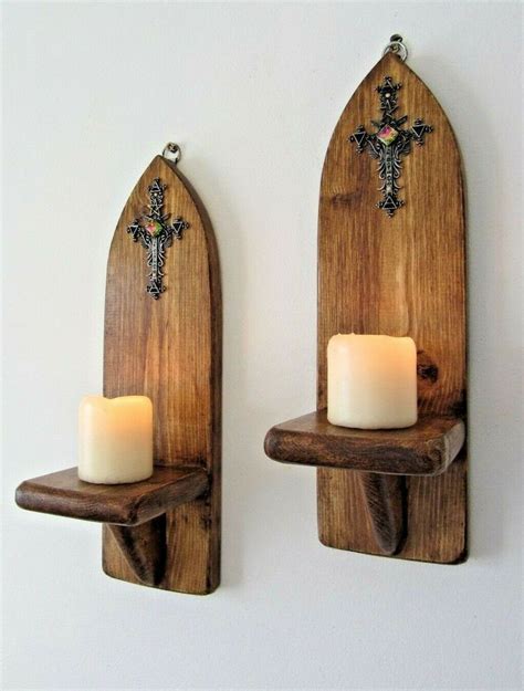 Pair 32cm Rustic Wood Gothic Arch Wall Sconce Led Candle Holder Jeweled