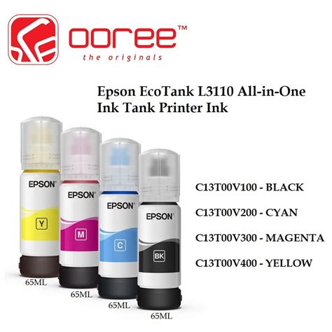 Quoted yields are extrapolated based on epson original methodology from the print simulation of test patterns provided in iso/iec 24712 based on the replacement ink bottles. ORIGINAL EPSON L3110 L3150 (CMYK) REFILL INK BOTTLE V100 ...
