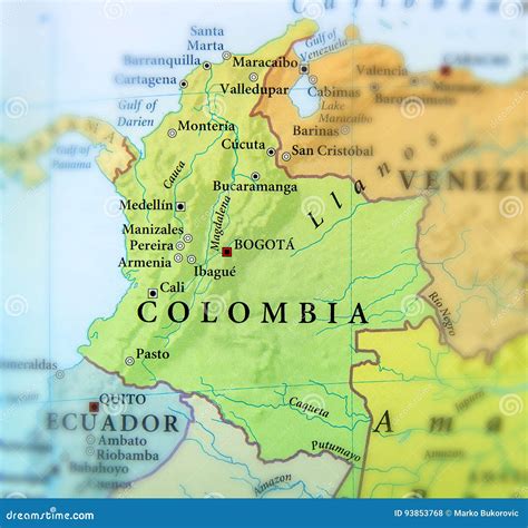 Geographic Map Of Columbia Countries With Important Cities Stock Photo