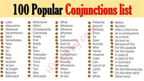 100 Most Popular Conjunctions Words List In English Ilmrary