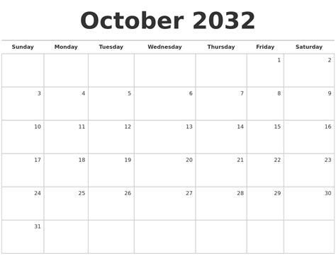 October 2032 Blank Monthly Calendar