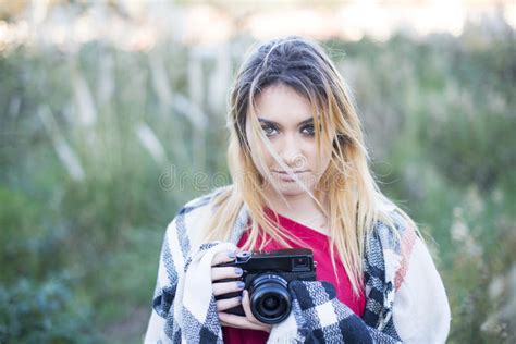 Woman Holding Camera Stock Photo Image Of Grass Orange 81973514