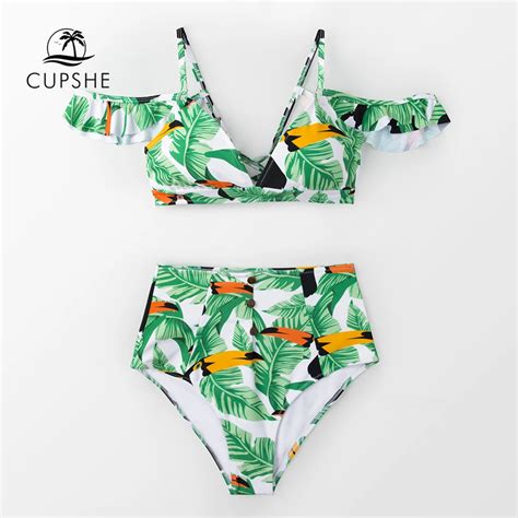 Cupshe Sexy Green Leaves And Parrots Off Shoulder Bikini Sets 2019 Summer Women Boho Lace Up