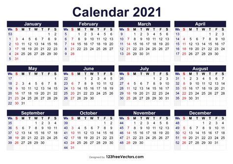 2021 Calendar With Week Number Printable Free Free Downloadable 2021