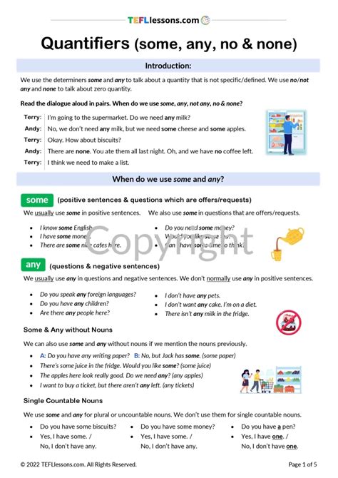 Quantifiers Some Any No And None Tefl Lessons Esl Worksheets