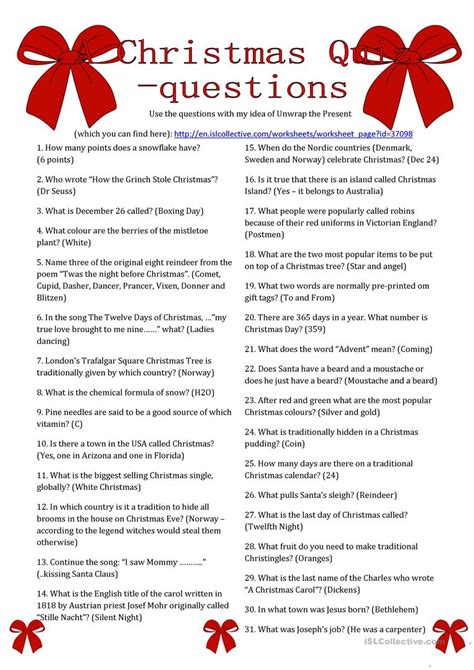 Check spelling or type a new query. A Christmas Quiz Questions worksheet - Free ESL printable ...