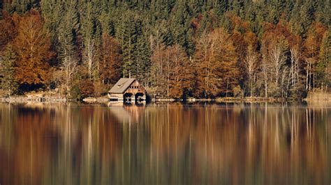 Download Wallpaper 3840x2160 House Forest Lake Reflection Autumn