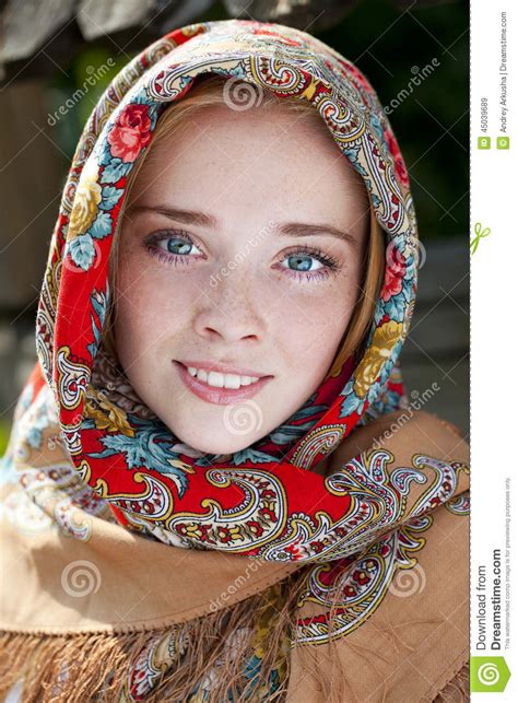 beauty woman in the national patterned scarf stock image image of close active 45039689