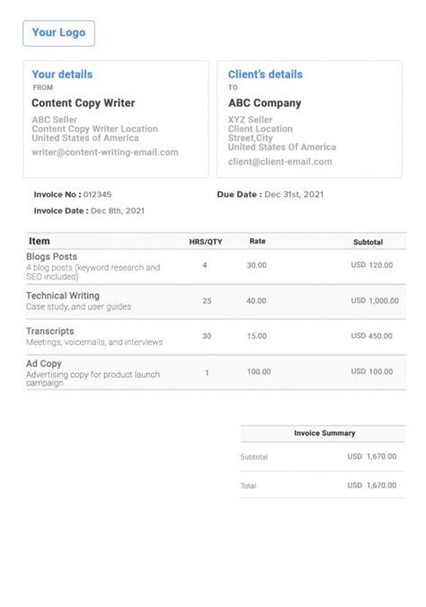 Content And Copy Writing Invoice Template 📃 Free Invoice Generator
