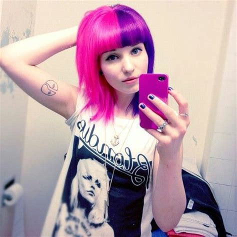 Purple and pink and blue blend to create an amazing wash of color that looks equally stunning when applied as a hair dye. Half Pink Half Purple Short Hair with Bangs | Hair color ...