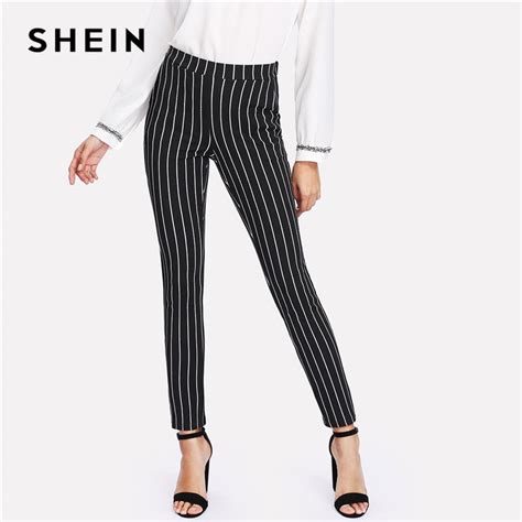 Shein Vertical Striped Skinny Pants Women Elastic Waist Pocket Ol Style