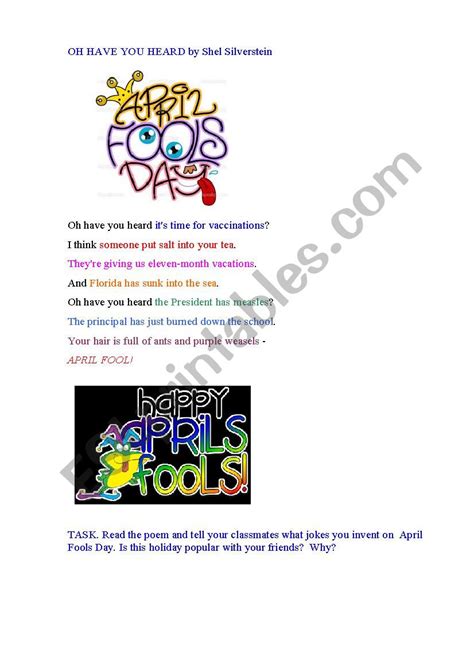 April Fools Day A Poem Esl Worksheet By Korova Daisy