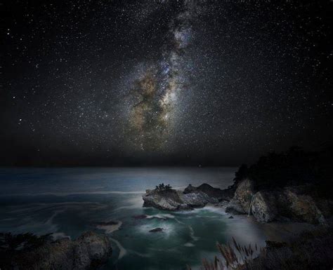 Nature Landscape Waterfall Beach Sea Milky Way Starry Night