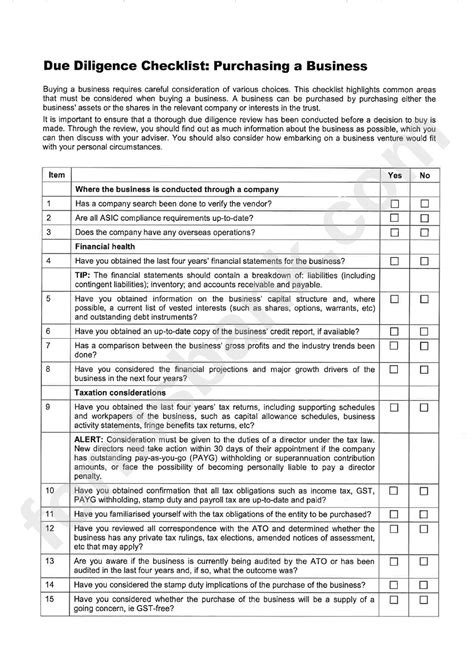 Due Diligence Checklist Purchasing A Business Printable Pdf Download