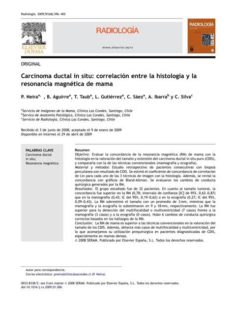 Pdf Carcinoma Ductal In Situ Correlaci N Entre La Histolog A Y La Resonancia Magn Tica De