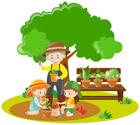 Kids And Gardener Planting In Garden 369563 Vector Art At Vecteezy