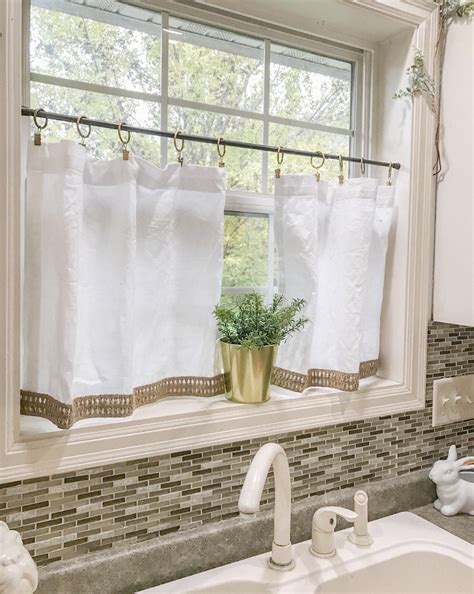 New White Cafe Curtain With Burlap Trimming Curtains Tassel Etsy