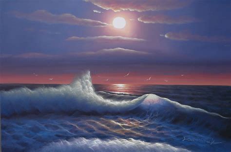 Night Ocean Art Moonlight Wave Painting Blue Sky Oil On Canvas Wall Art
