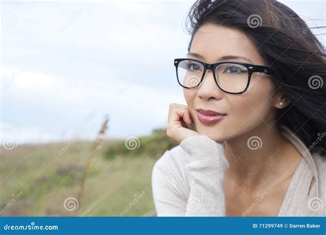 Thoughtful Chinese Asian Woman Girl Wearing Glasses Stock Image Image