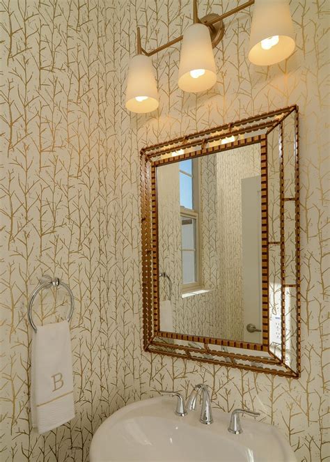 Gold Accented Transitional Bathroom With Tree Branch Wallpaper Three