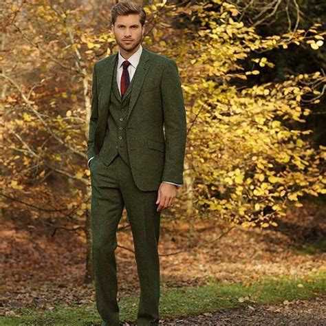 Costume Homme Mariage Designs Classic Green Tweed Men Suits For Wedding