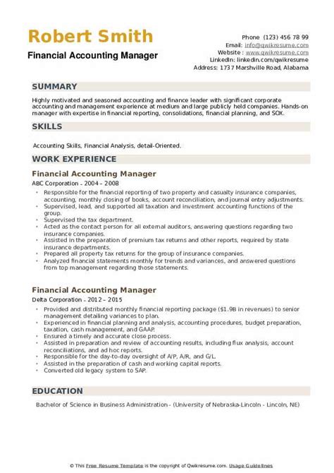 Job responsibilities of a finance manager may differ somewhat depending on the setting they work in. Financial Accounting Manager Resume Samples | QwikResume