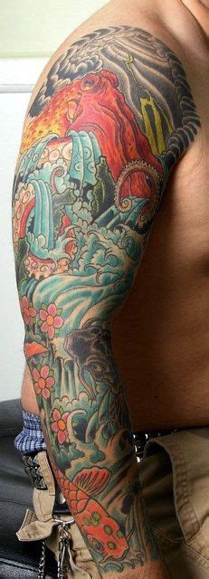 Mens Arm Tattoo With Octopus And Ocean Scenery Tattoos