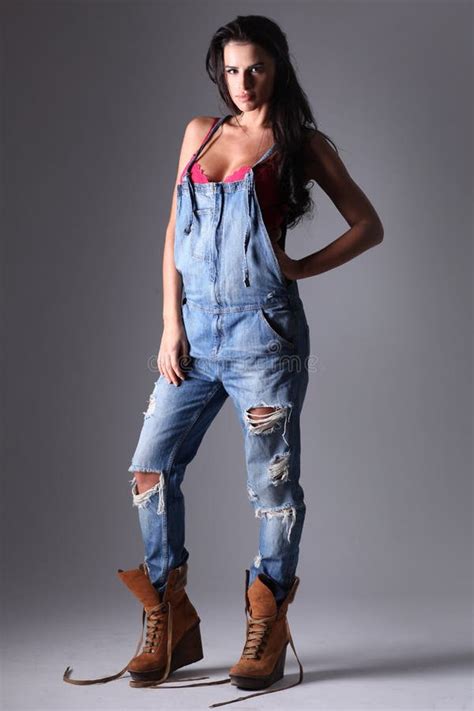 Attractive Woman In Dungarees Stock Photo Image Of Outdoors