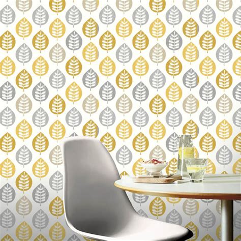Metallic Leaf Wallpaper Ochre Yellow Grey White Gold Floral Arthouse