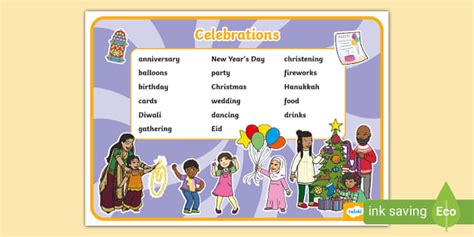 Celebrations Word Mat Celebrations Vocabulary Twinkl