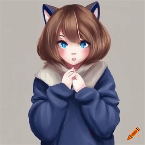 Cute Anime Fox Girl In A Navy Hoodie On Craiyon