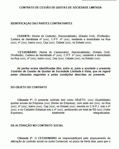 Modelo De Contrato De Cessão De Quotas De Sociedade Limitada