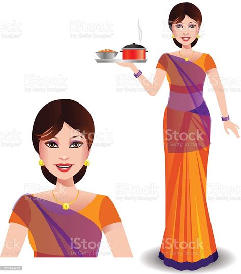 Indian Woman In A Saree Serving Hot Food Stock Vector Art And More Images