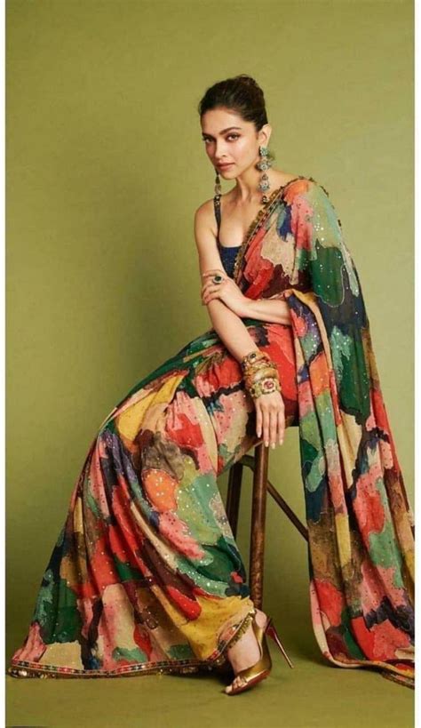 Indian Saree Multi Color Saree Deepika Padukone Saree Satin Etsy In 2021 Bollywood Designer
