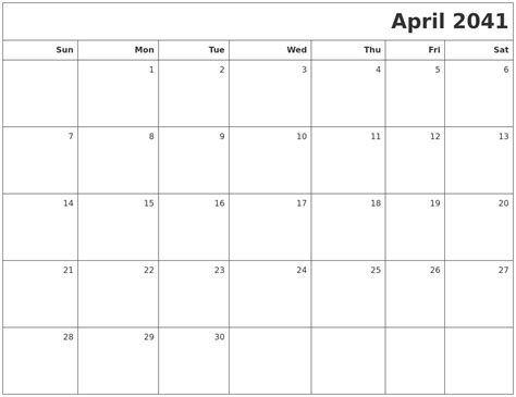 April 2041 Printable Blank Calendar