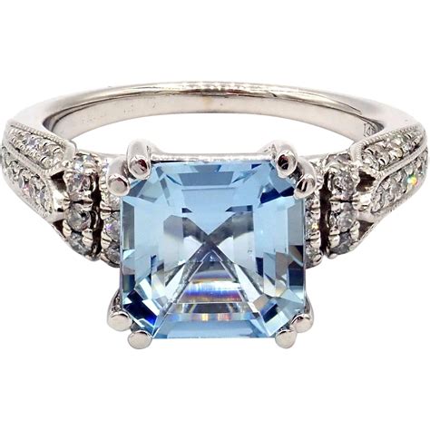 5 CT Asscher Cut Aquamarine and Diamond Ring in 14KT White Gold from ...