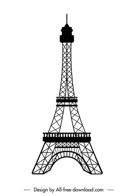 Eiffel Tower Sign Icon Symmetric Flat Black White Sketch Vectors