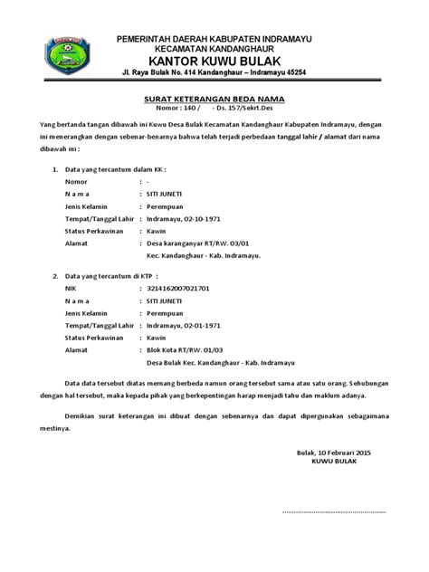 Surat Keterangan Identitas Contoh Surat