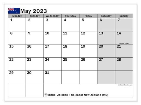 May 2023 Printable Calendar “new Zealand Ms” Michel Zbinden Nz