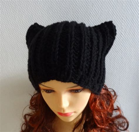 Black Pussyhat Cat Ears Hat Cat Beanie Chunky Knit By Ifonka
