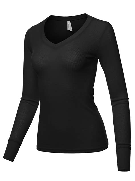 a2y a2y women s basic solid long sleeve v neck fitted thermal top shirt black xl