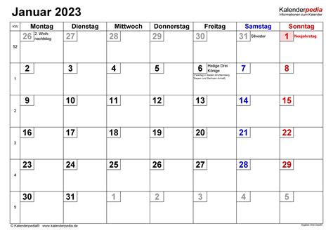 Kalender Januar 2023 Als Word Vorlagen