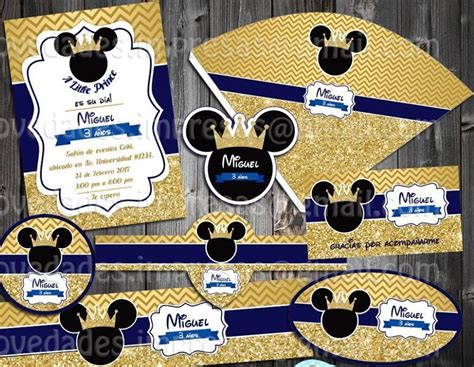 Kit Imprimible Mickey Mouse Dorado Corona Rey Etiqueta Candy 2500