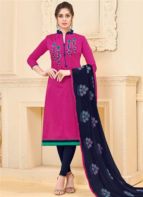 Buy Pink Cotton Churidar Suit Embroidered Churidar Suit Online Shopping Slssismfpzm1006