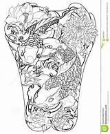 Tattoo Koi Japanese Fish Drawing Peony Wave Line Flower Body Coloring Vector Carp Book Abstract sketch template