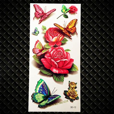 new removable simulation vivid body art 3d tattoo butterfly peony rose design waterproof