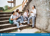 Two Boys and Two Girls High School Students Gathered Stock Image ...