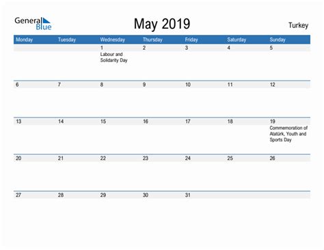 May 2019 Turkey Monthly Calendar With Holidays